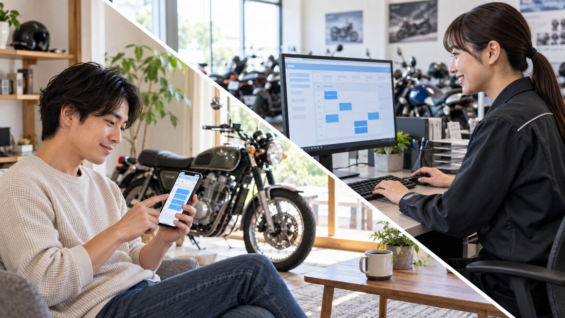 別の場所にいるユーザーがスマホで点検予約を行い、販売店スタッフが管理画面で確認するイメージ