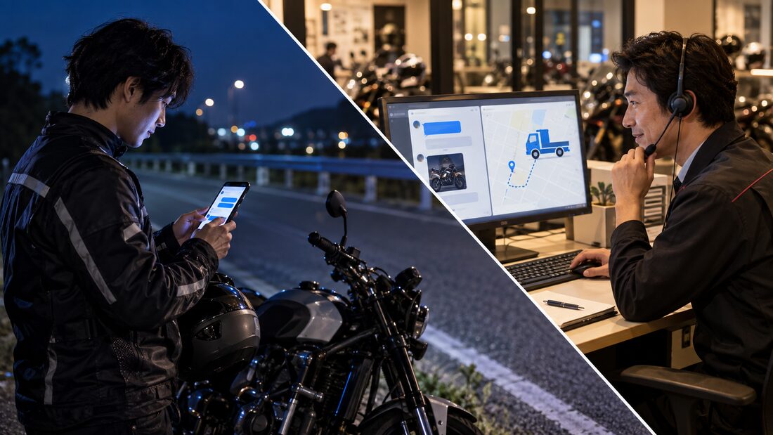 夜間の路上でユーザーがアプリのチャットで販売店へ連絡し、スタッフがレッカーを手配するイメージ