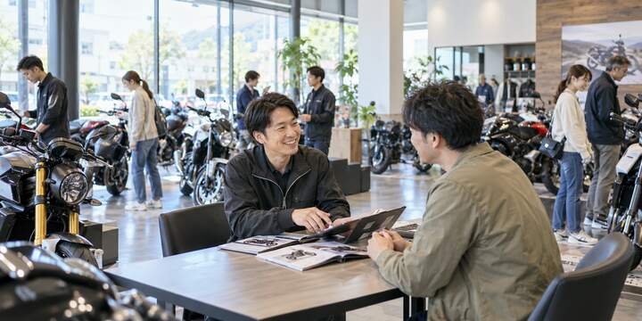 活気ある販売店でスタッフとお客さまが商談する様子