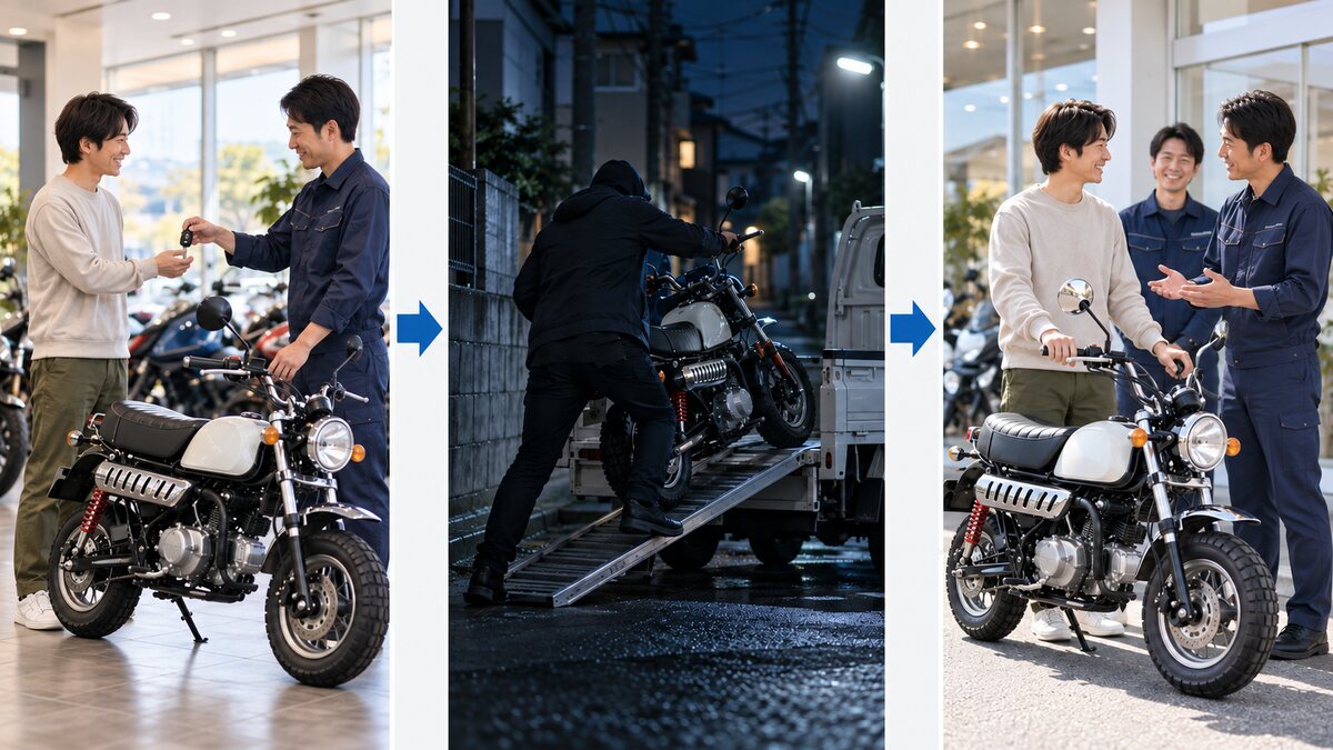 盗難被害、代替バイクの提供、スタッフによるサポートを示すイメージ